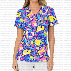 Multi Pokémon Print V-Neck Short Sleeve Pocket Scrub Top - Featuring (Slowpoke, Mareep, Milotic, Audino, Porygon)