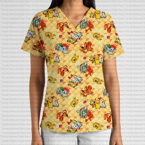 Eevee & Charmander Women's V neck pocket short sleeve scrub top