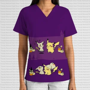 Mimikyu & Pikachu V-Neck Pocket Nursing Scrubs