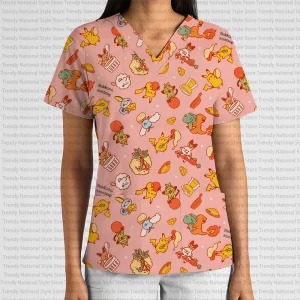 New Pokémon Print V-Neck Pocket Nursing Scrubs (Derpy Light Orange)