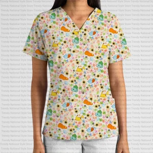 New Pokémon Kanto Starters Print V-Neck Pocket Nursing Scrubs