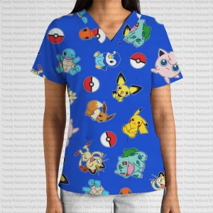 Kanto Pokémon Print V-Neck Pocket Nursing Scrubs