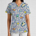 New Pokémon Floral Print V-Neck Pocket Nursing Scrubs