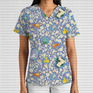 New Pokémon Floral Print V-Neck Pocket Nursing Scrubs