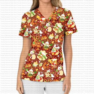 Christmas Eevee & Shaymin themed V-Neck Short Sleeve Pocket Scrub Top
