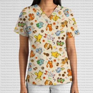 Eevee & Kanto Starters Women's V neck pocket short sleeve scrub top